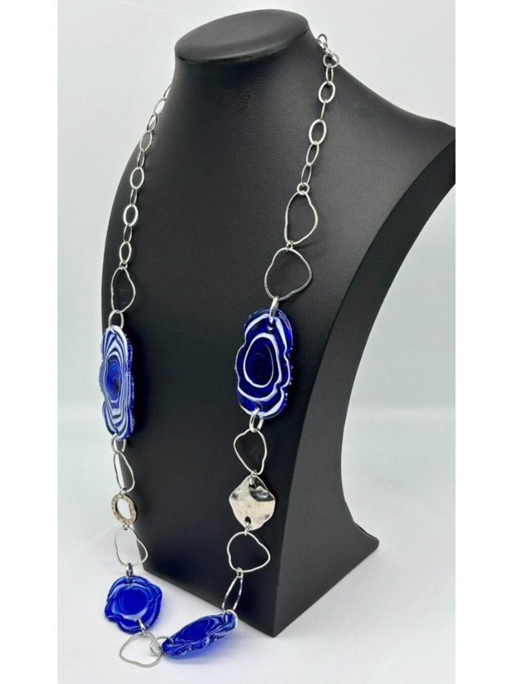 Vintage Antica Murrina Murano Art Glass Necklace Silver Links W/Blue White Glass